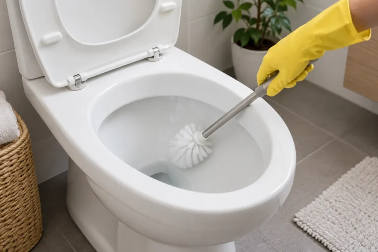 Čištění vnitřní keramiky toalety WC štětkou v ochranné rukavici