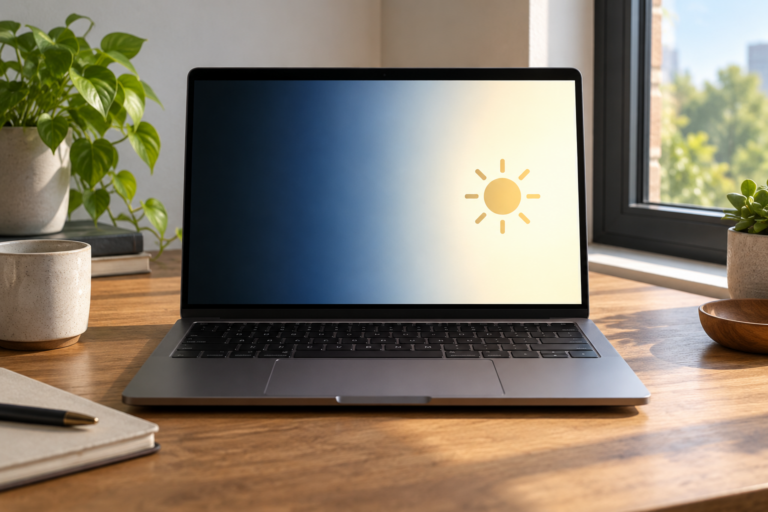 Ilustrace notebooku s přechodem jasu na obrazovce a symbolem slunce, nejde o snímek Windows