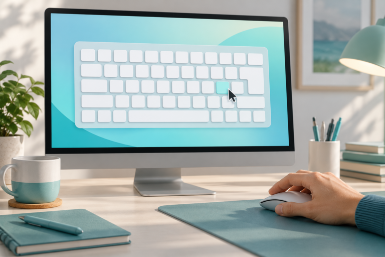 Ilustrace monitoru s klávesnicí na obrazovce a myší, nejde o snímek rozhraní Windows