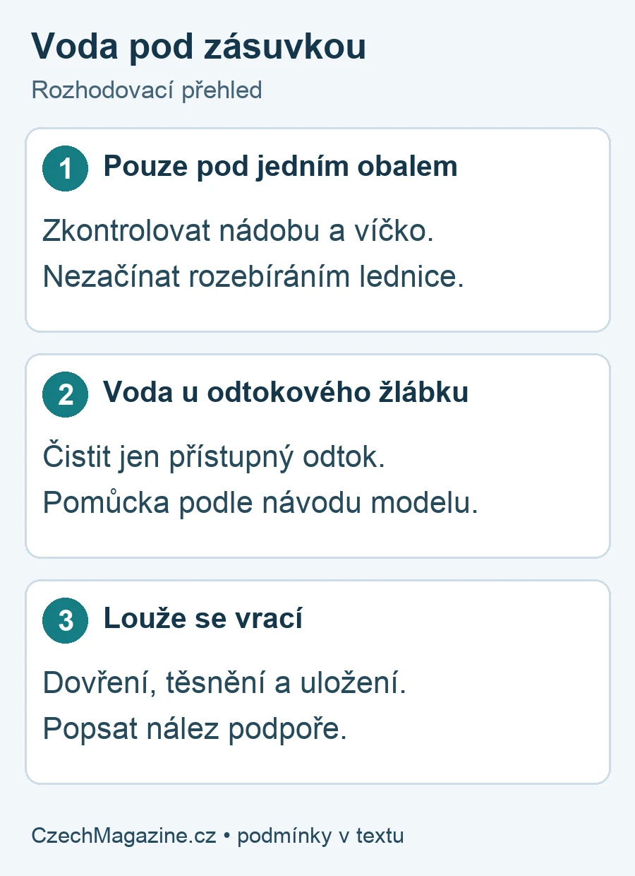 Rozlišení zdroje vody, čištění přístupného odtoku a kontrola dveří lednice