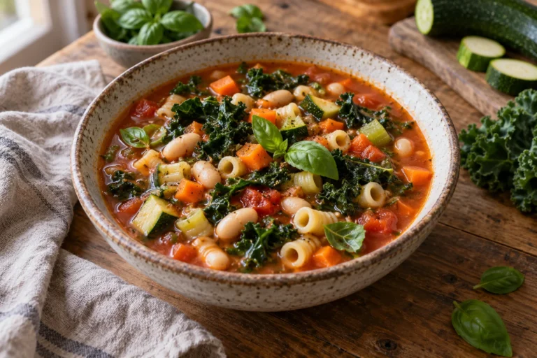 Rajčatová minestrone s bílými fazolemi, drobnými těstovinami, cuketou, mrkví a kadeřávkem