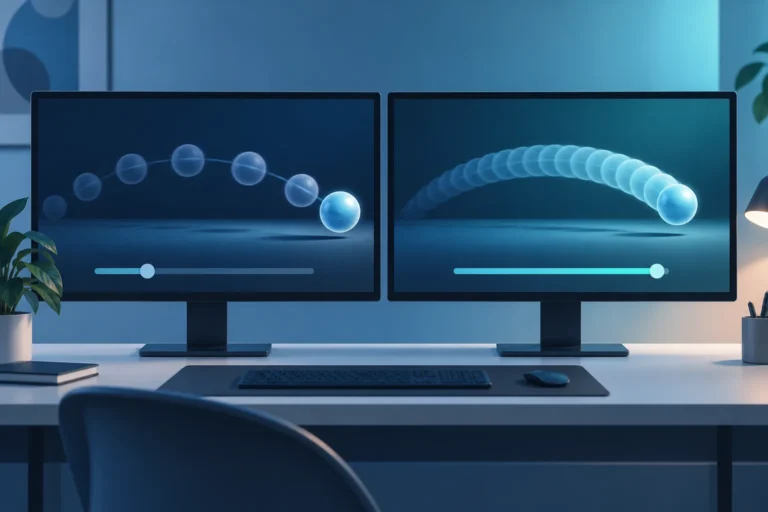 Konceptuální ilustrace dvou monitorů s různou hustotou zobrazených fází pohybu
