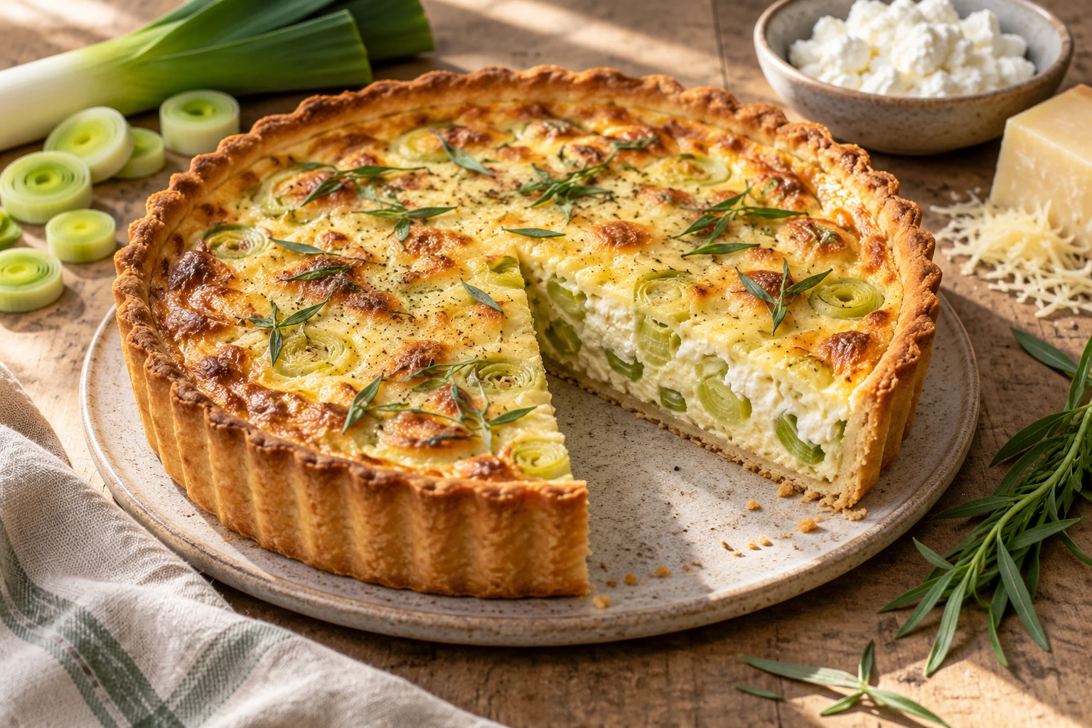 Pórkový quiche s křehkým zlatavým korpusem, ricottovou náplní, měkkým pórkem a estragonem