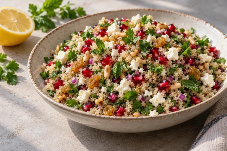 Sypká quinoa s granátovým jablkem, fetou, rozinkami, piniovými oříšky a zelenými bylinkami