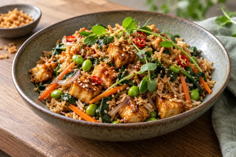 Opékaná rýže basmati s kostkami tofu, mrkví, edamame a špenátem, posypaná sezamem a cibulkou