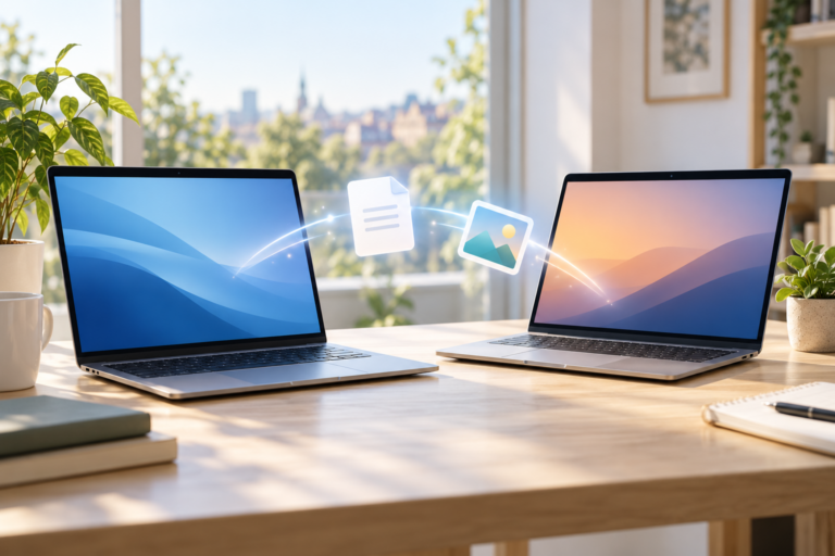 Ilustrace dvou notebooků při bezdrátovém předávání souborů, nejde o snímek Windows