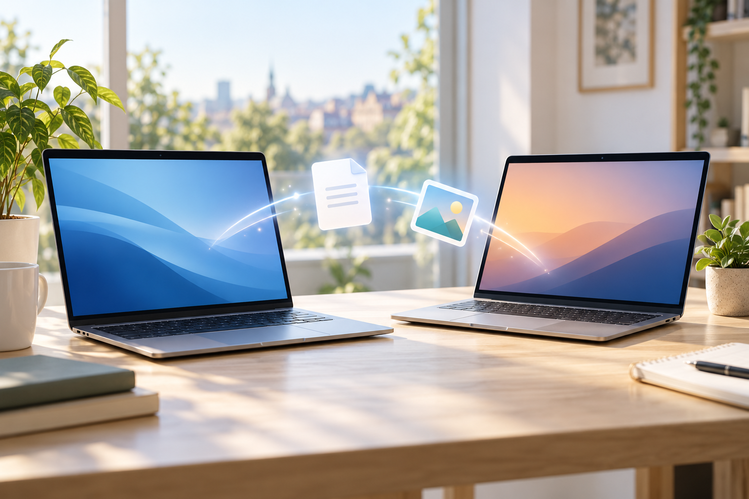 Ilustrace dvou notebooků při bezdrátovém předávání souborů, nejde o snímek Windows