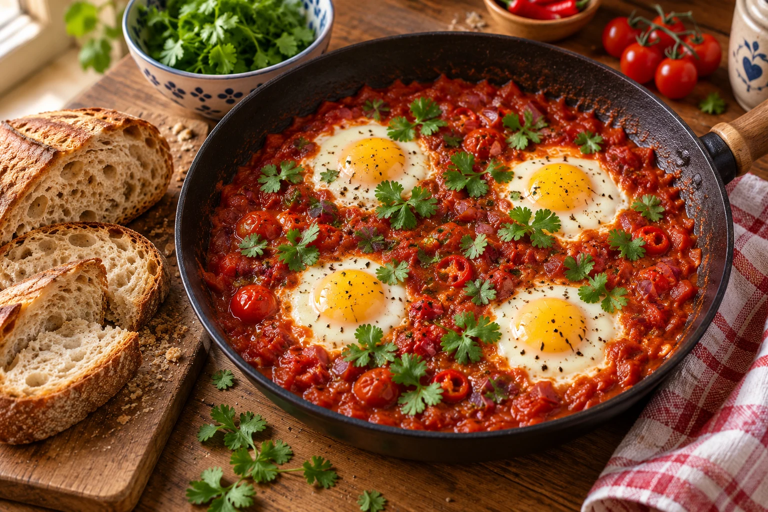 Shakshuka se čtyřmi vejci v husté rajčatové omáčce s červenou cibulí a koriandrem
