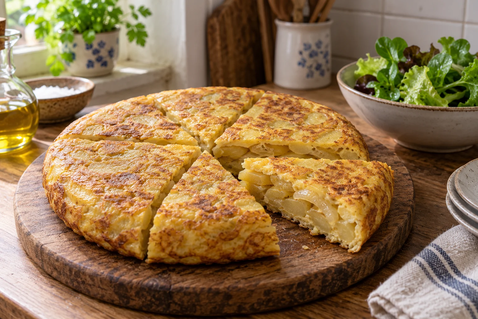 Španělská bramborová tortilla rozdělená na šest klínků s viditelnými vrstvami brambor a pevnými vejci