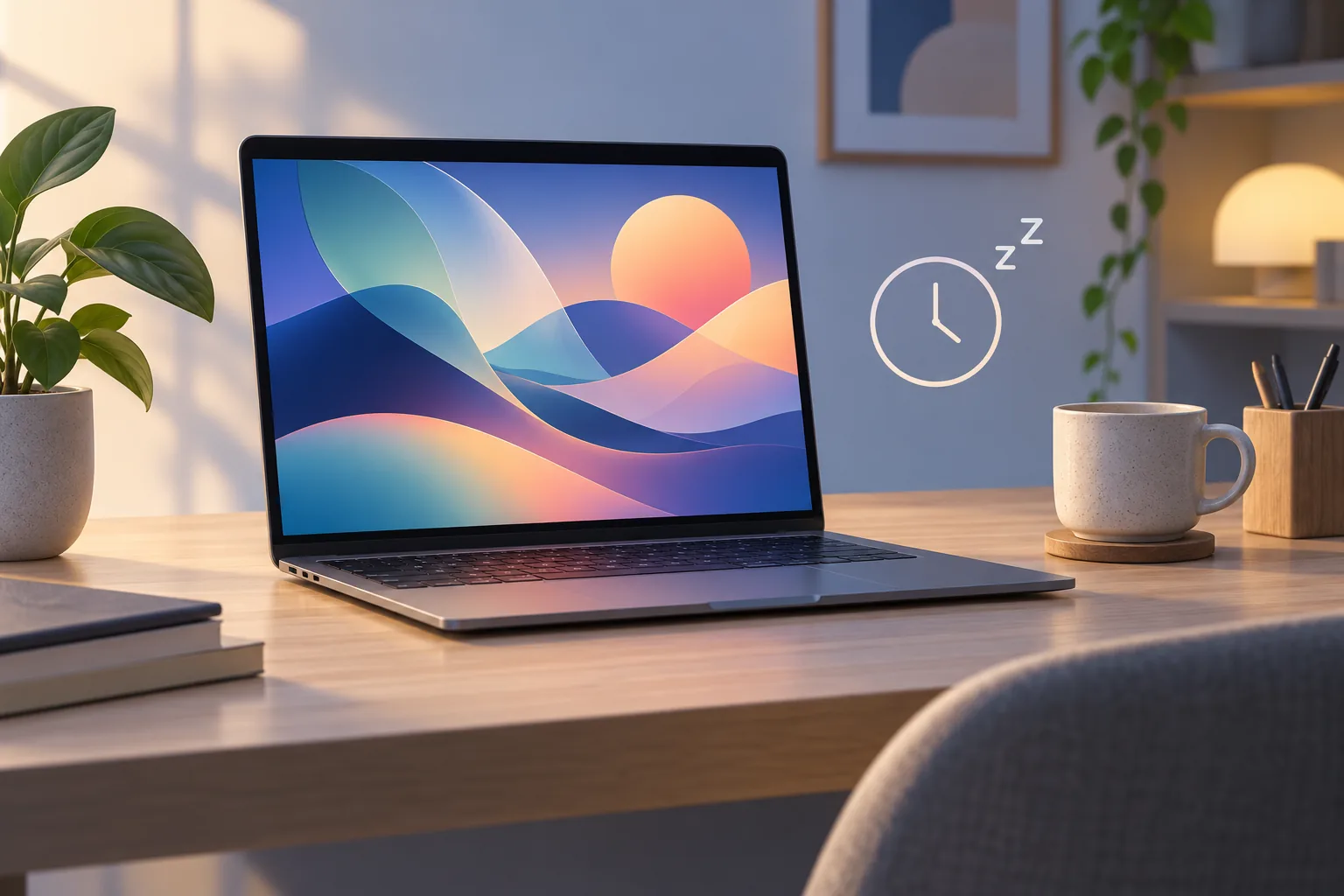 Konceptuální ilustrace notebooku s abstraktním spořičem a symbolem nečinnosti, nejde o snímek Windows