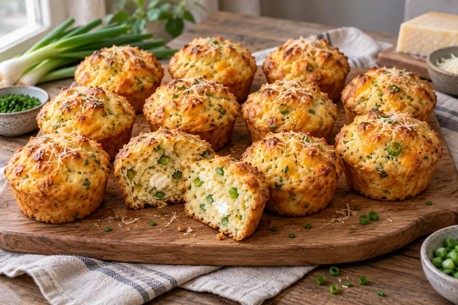 Sýrové muffiny s cibulkou, pažitkou a rozkrojeným jemným středem