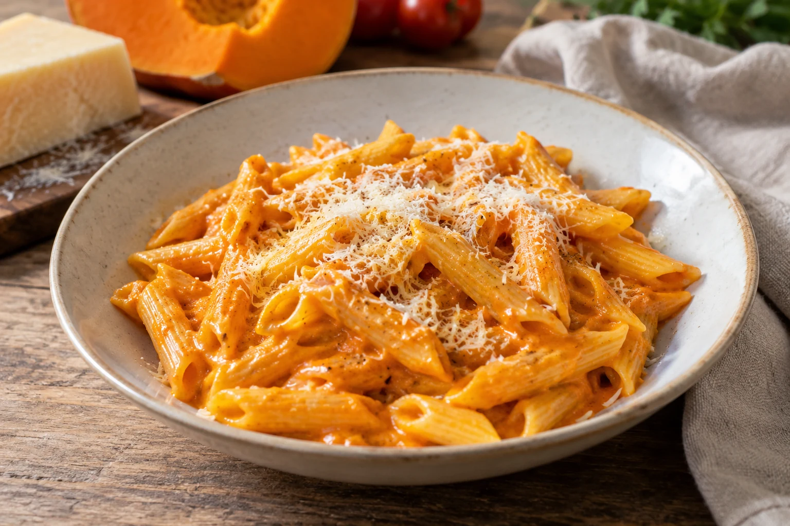 Penne s hladkou oranžovou dýňovou omáčkou a nastrouhaným tvrdým sýrem
