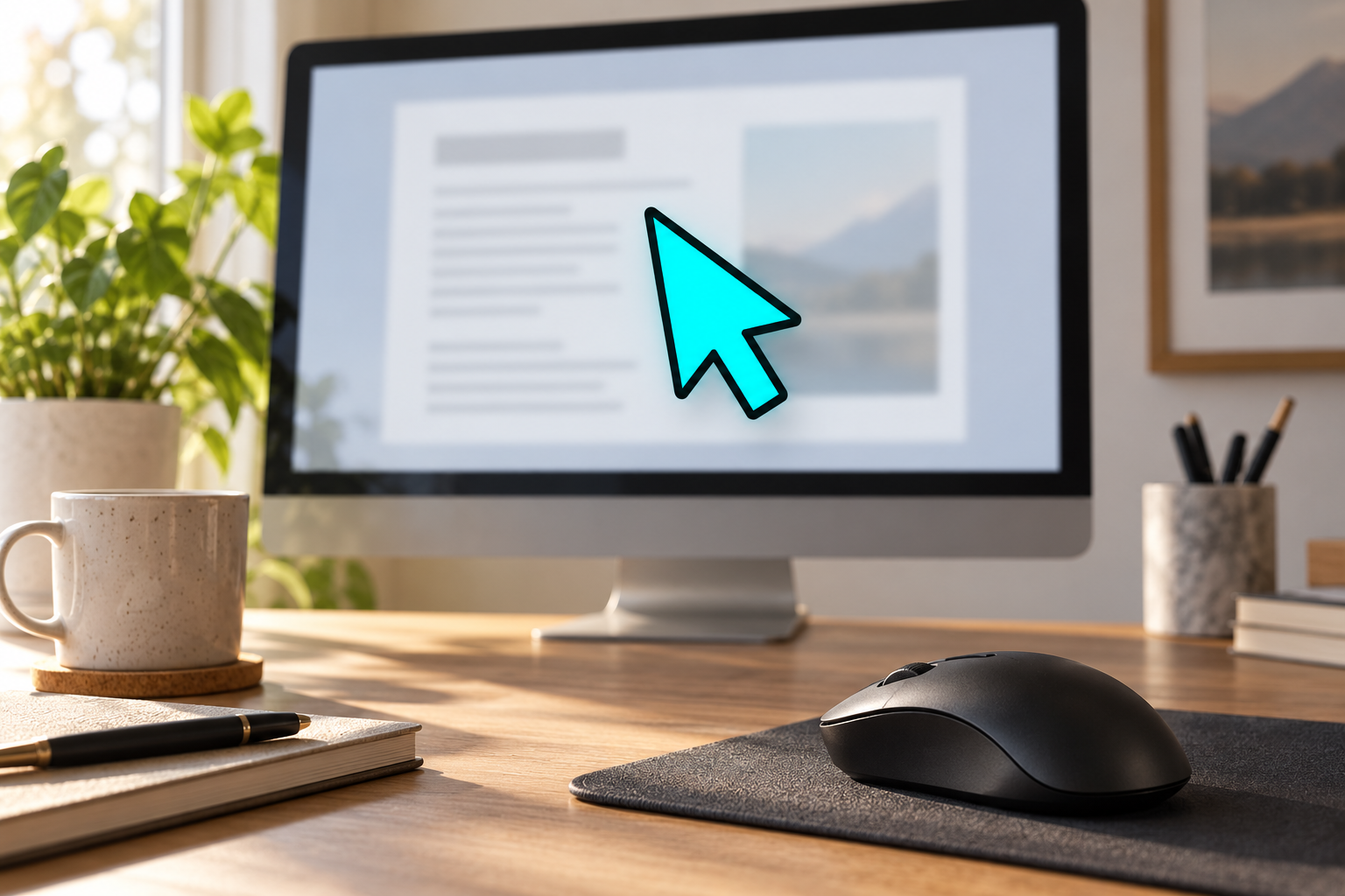 Ilustrace zvýrazněného tyrkysového ukazatele nad monitorem, nejde o snímek Windows