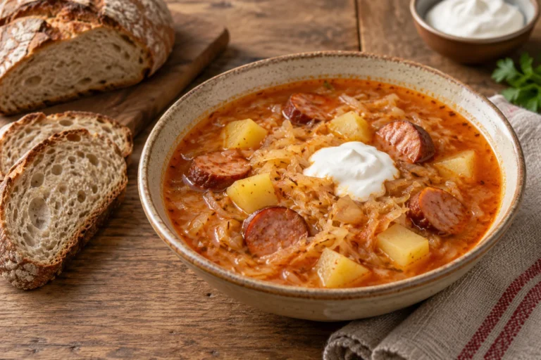 Miska zelňačky s kysaným zelím, bramborami, klobásou a zakysanou smetanou
